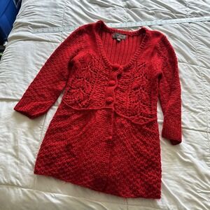 Hand knit by fever cardigan sweater  pm Petite medium. Red loose knit red  Z